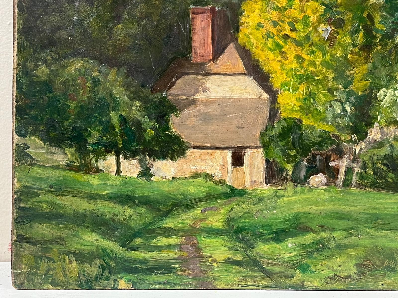 French Countryside Landscape
by Edmond Quinton (French 1892-1969) *see notes below
oil painting on board/ panel, unframed
size: 7.75 x 9.5 inches
condition: overall good and sound, some age related marks and old dirt, all four corners and edges worn