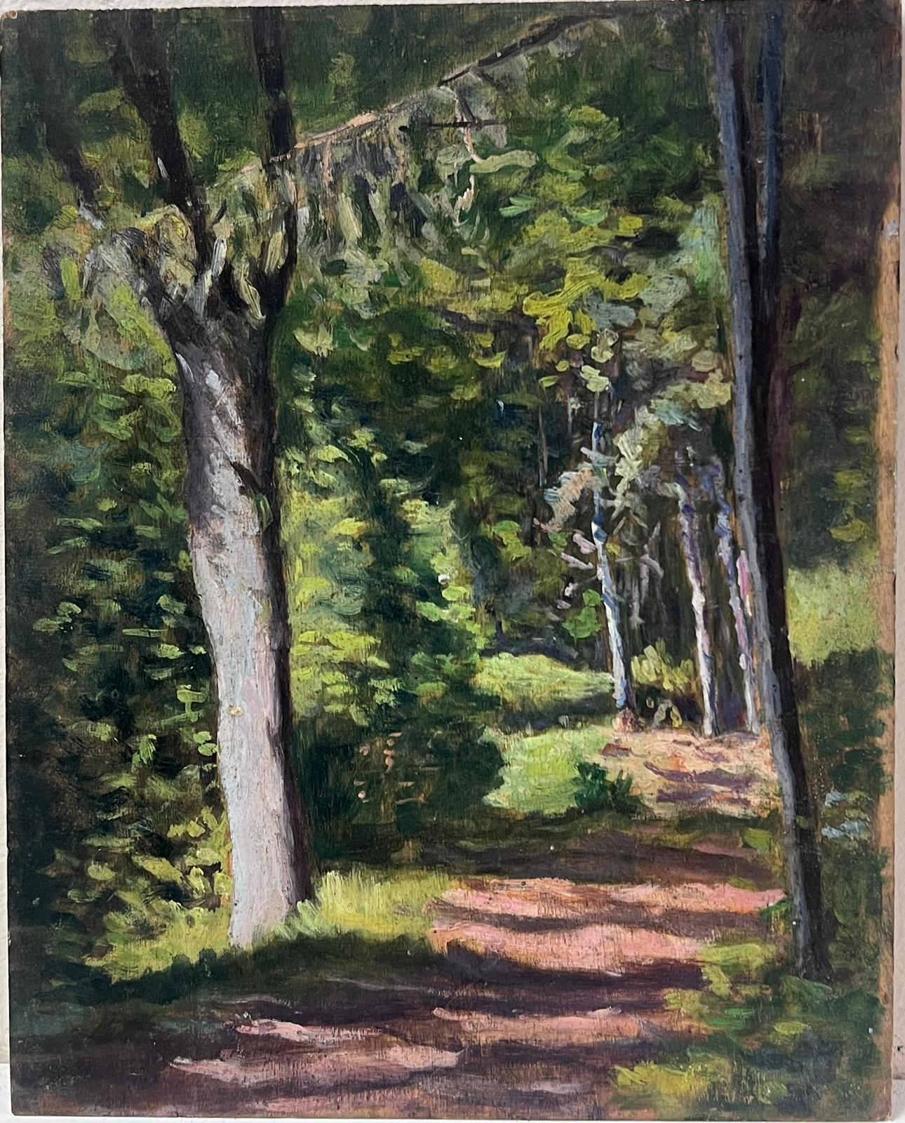Pintura impresionista francesa de 1930 Luz moteada a través de un bosque de árboles altos - Painting de Edmond Quinton