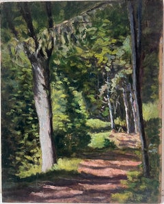 1930's French Impressionist Painting Dappled Light Through Tall Tree Woodland