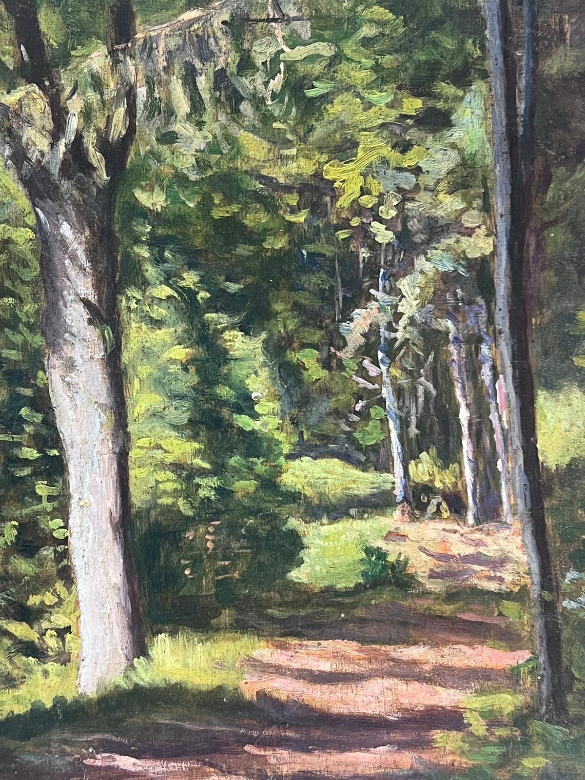 1930's French Impressionist Painting Dappled Light Through Tall Tree Woodland 1
