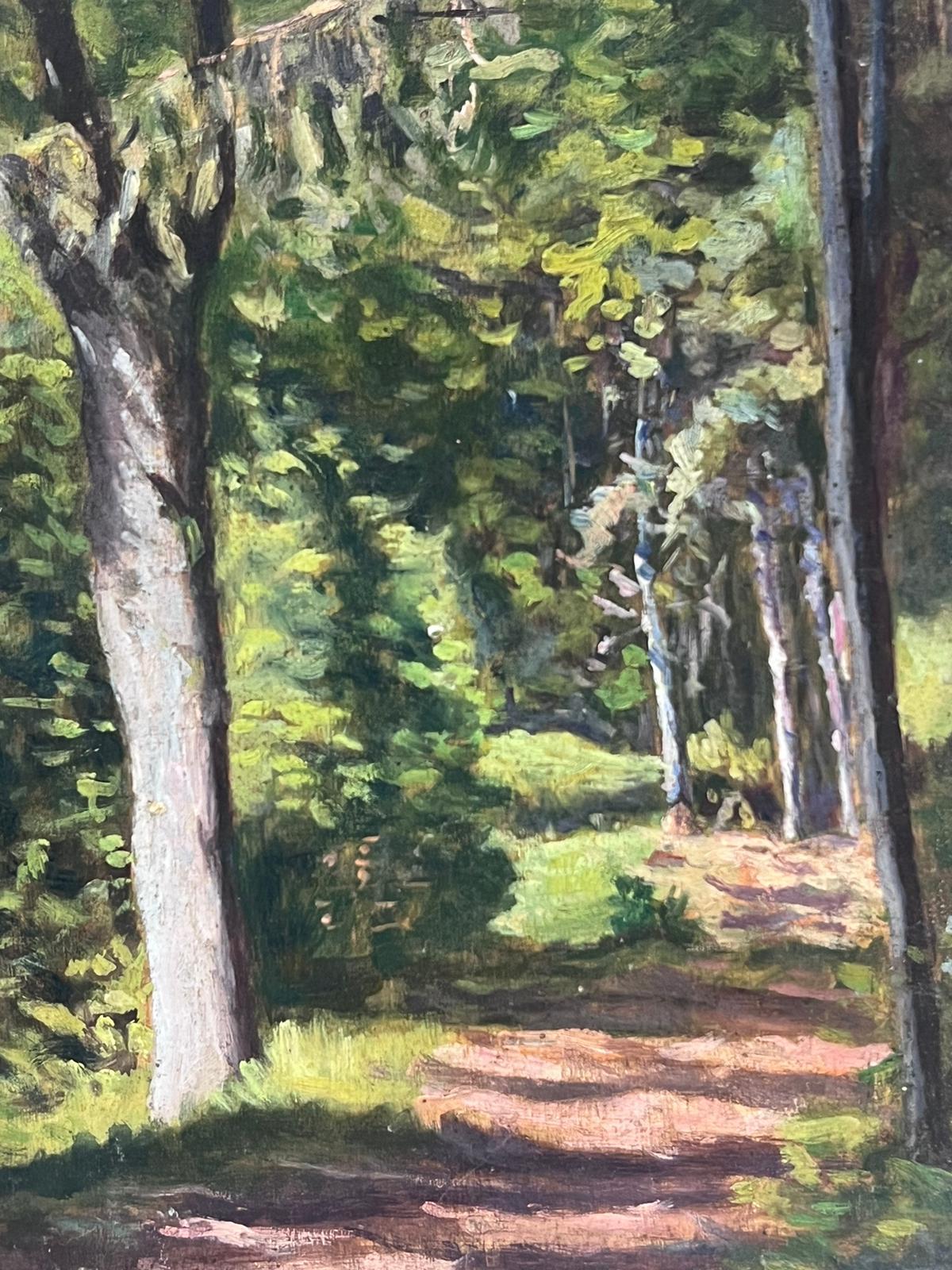 1930's French Impressionist Painting Dappled Light Through Tall Tree Woodland 2