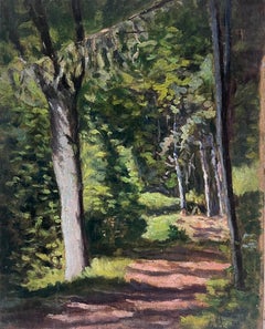 1930's French Impressionist Painting Dappled Light Through Tall Tree Woodland