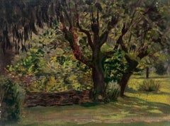 1930's French Impressionist Painting Dark Green Garden Tree Landscape