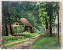 1930's French Impressionist Painting Farm House Green Pathway Landscape