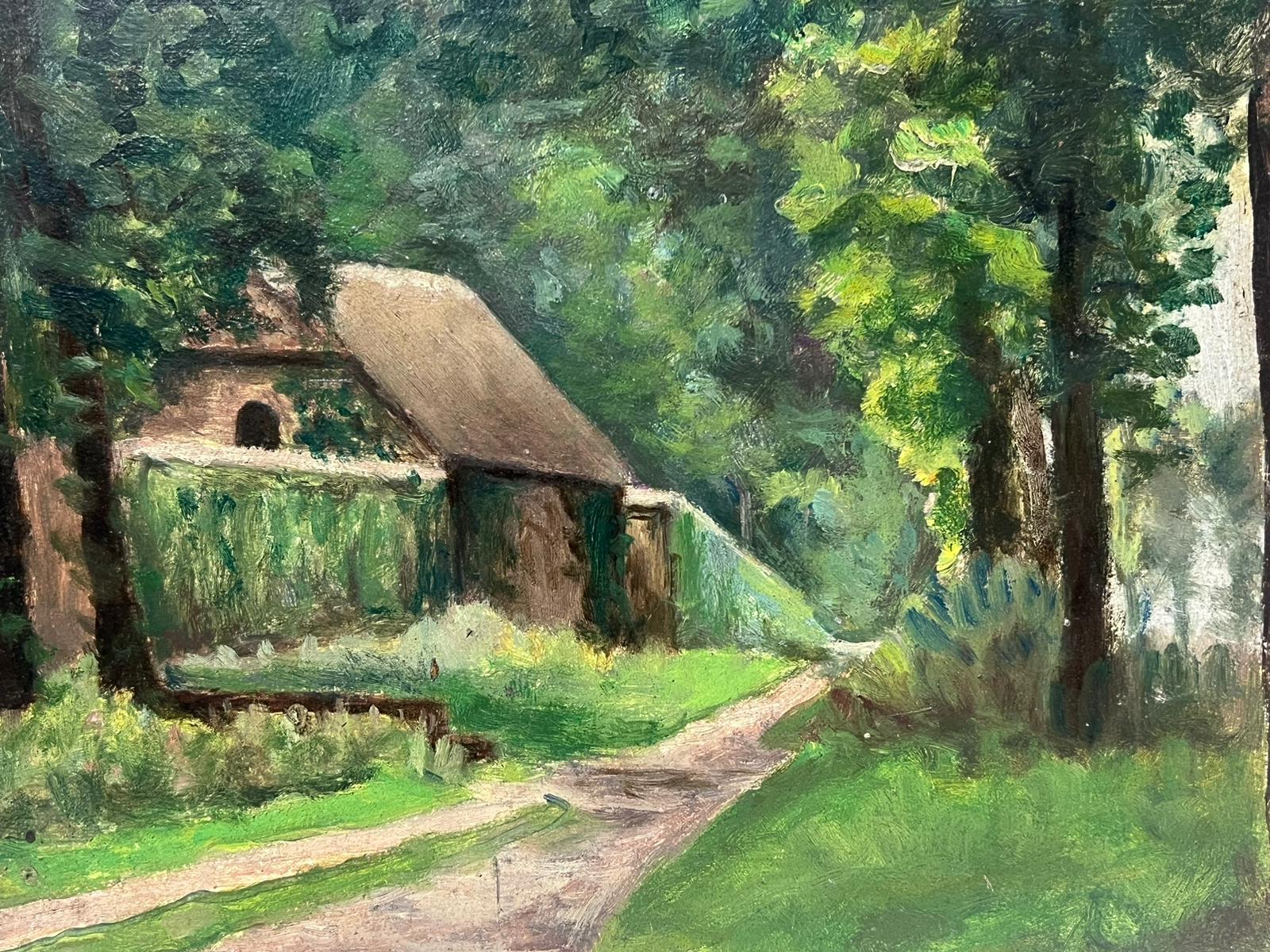 1930's French Impressionist Painting Farm House Green Pathway Landscape For Sale 2