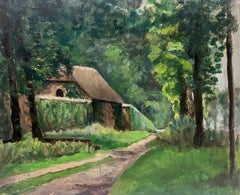 1930's Französisch Impressionist Malerei Bauernhof Haus Grün Weg Landschaft