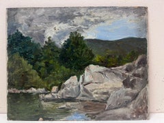1930's French Impressionist Painting Grey Rocks By The Still Stream Cloudy Skies