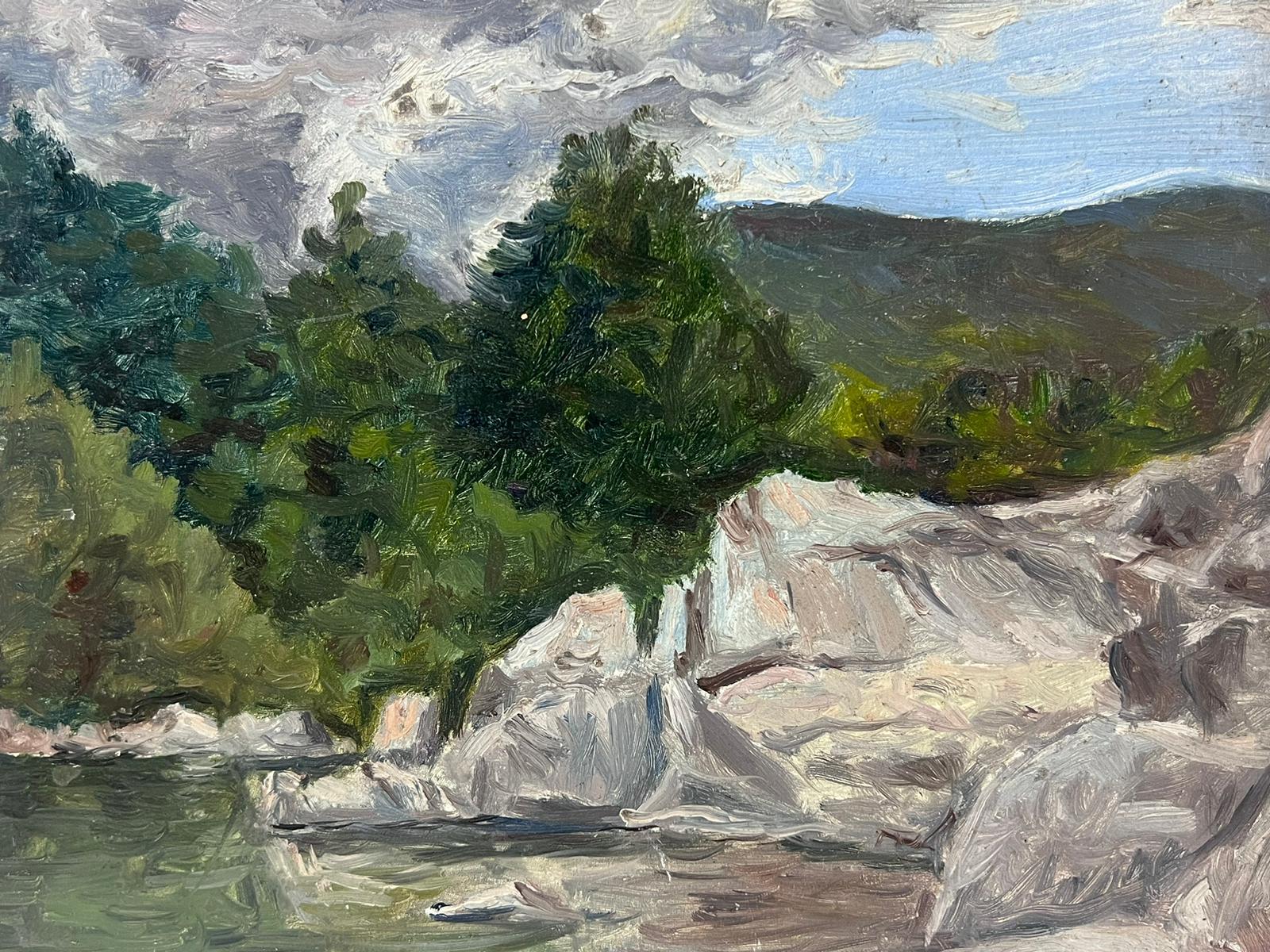Edmond Quinton Landscape Painting - 1930's French Impressionist Painting Grey Rocks By The Still Stream Cloudy Skies