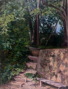 1930's French Impressionist Painting Pink Steps Leading To Woodland