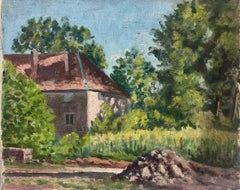 1930's French Impressionist Painting Summers Day House Hidden In Green Trees