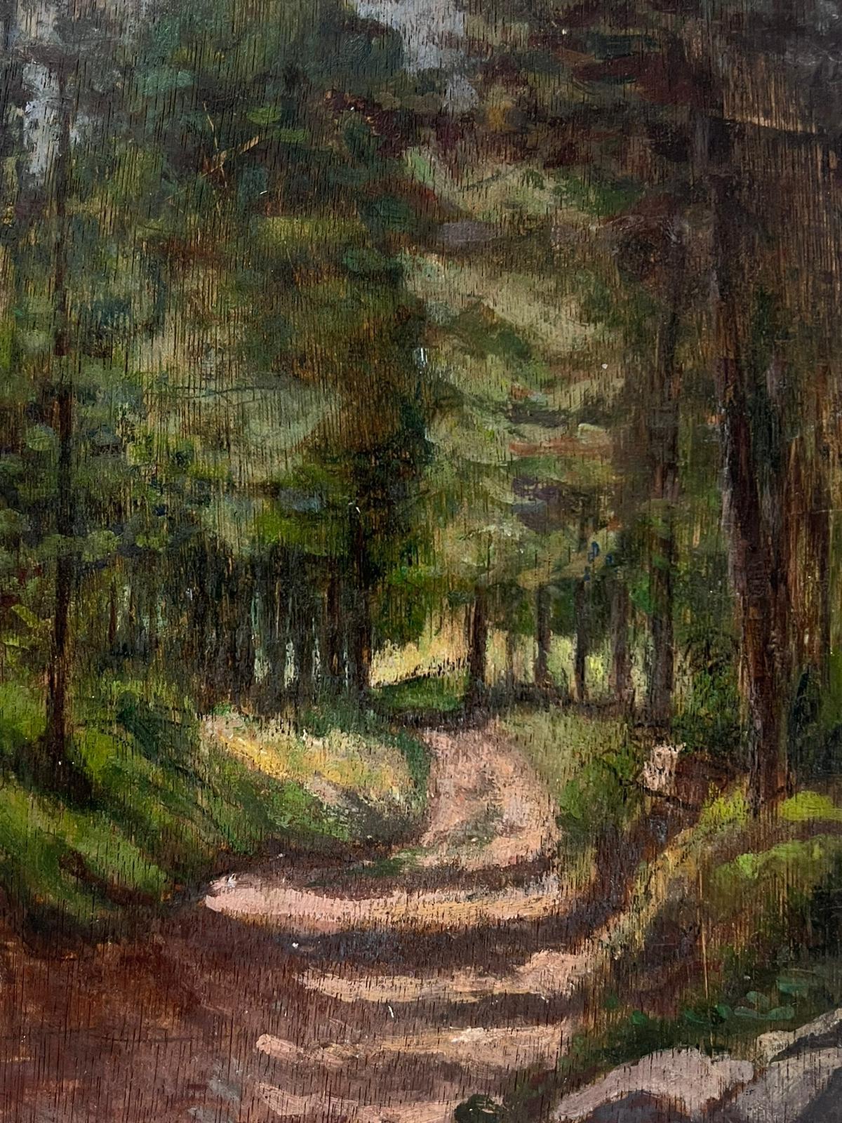 1930's French Impressionist Painting Tall Woodland Tree Pathway Landscape 1
