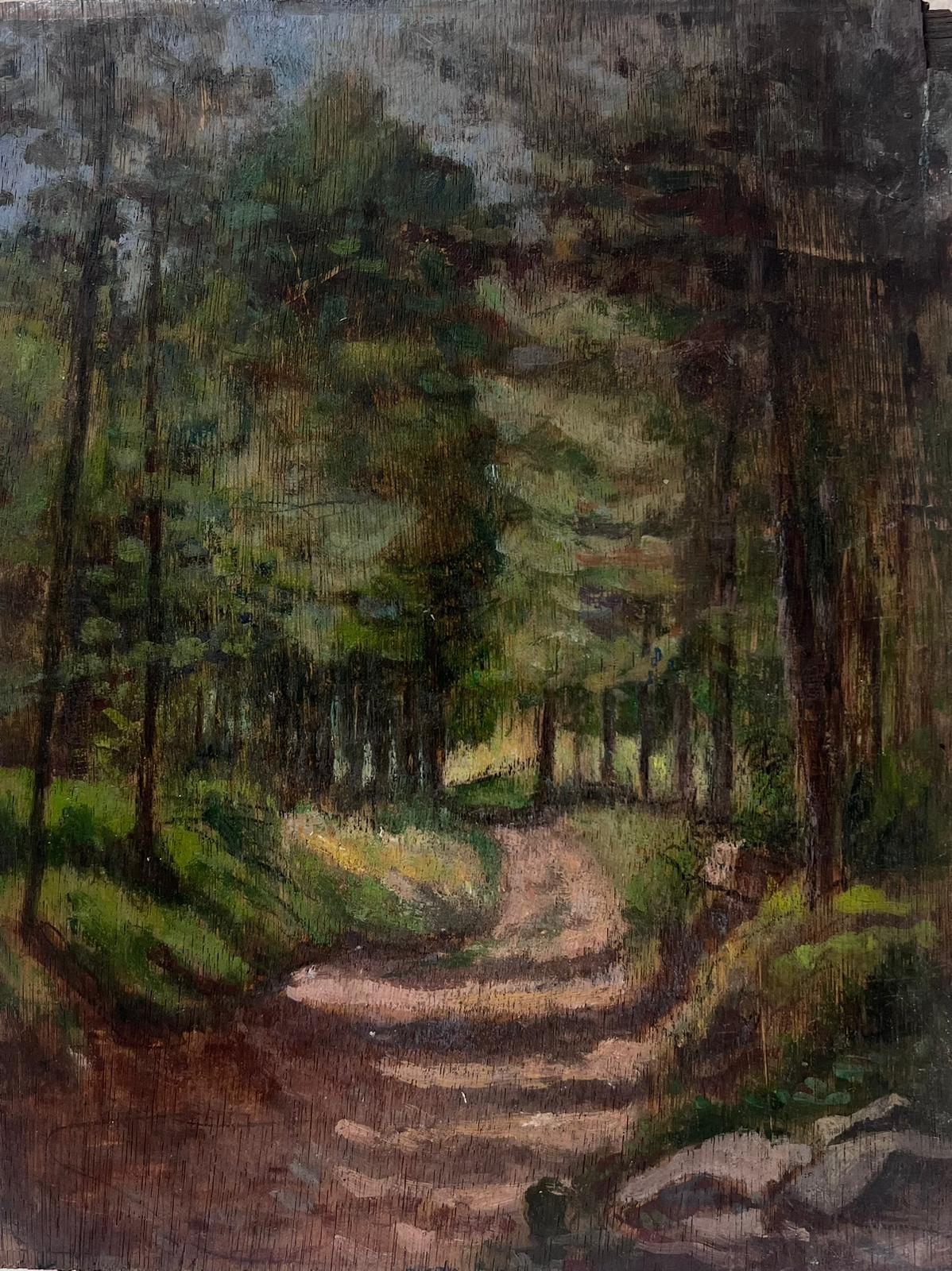 1930's French Impressionist Painting Tall Woodland Tree Pathway Landscape