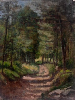 1930's French Impressionist Painting Tall Woodland Tree Pathway Landscape