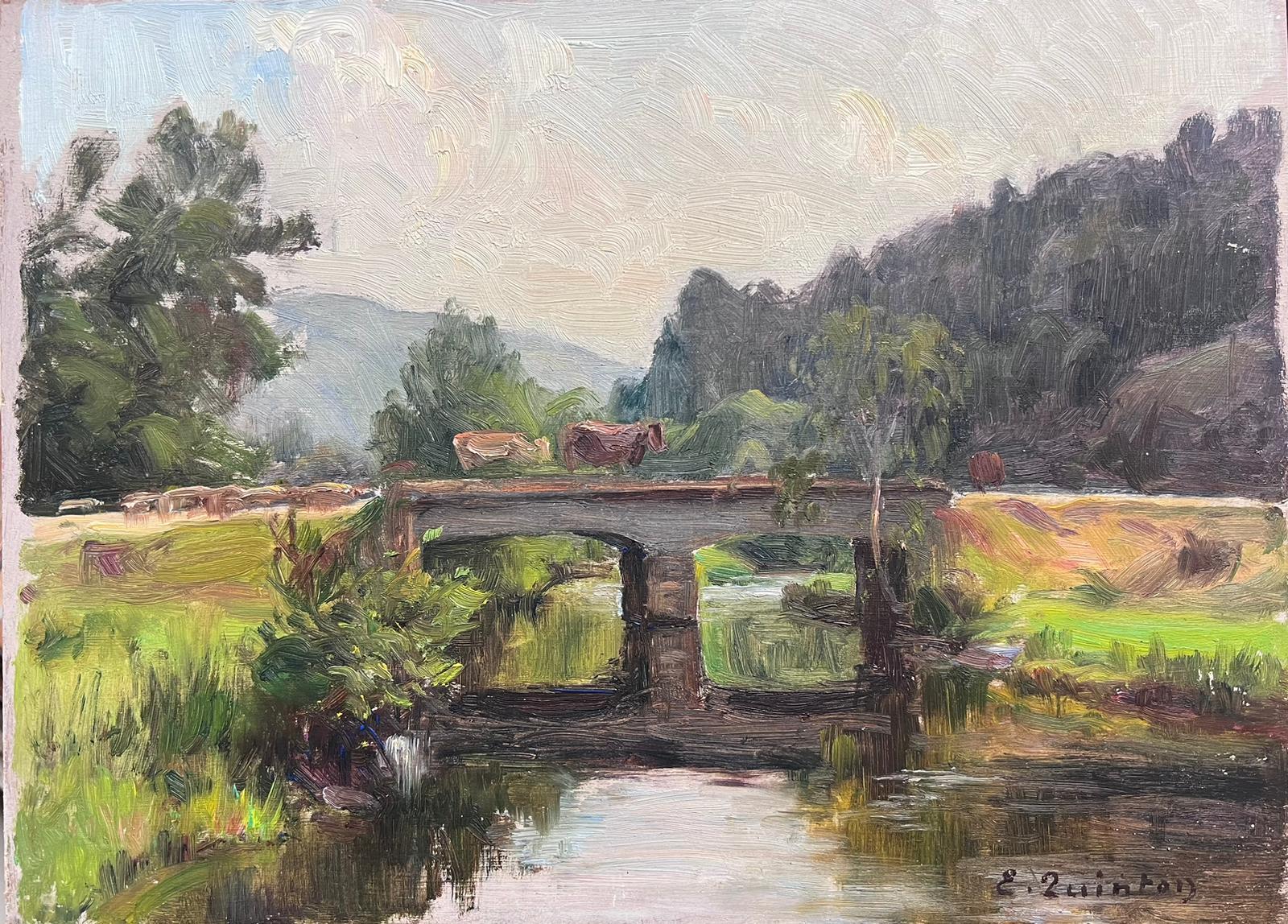 Olio firmato da un impressionista francese del 1930 che attraversa il ponte del bestiame in una scena di fiume addormentato - Painting di Edmond Quinton