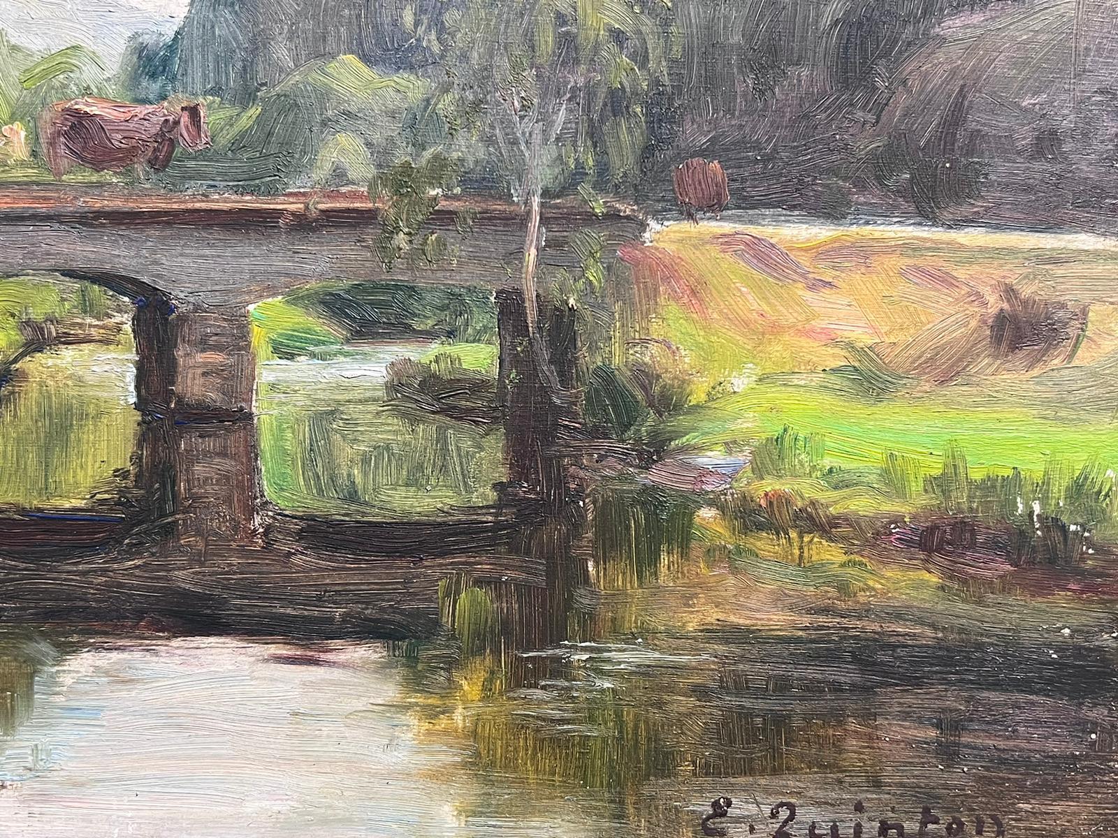Olio firmato da un impressionista francese del 1930 che attraversa il ponte del bestiame in una scena di fiume addormentato 1