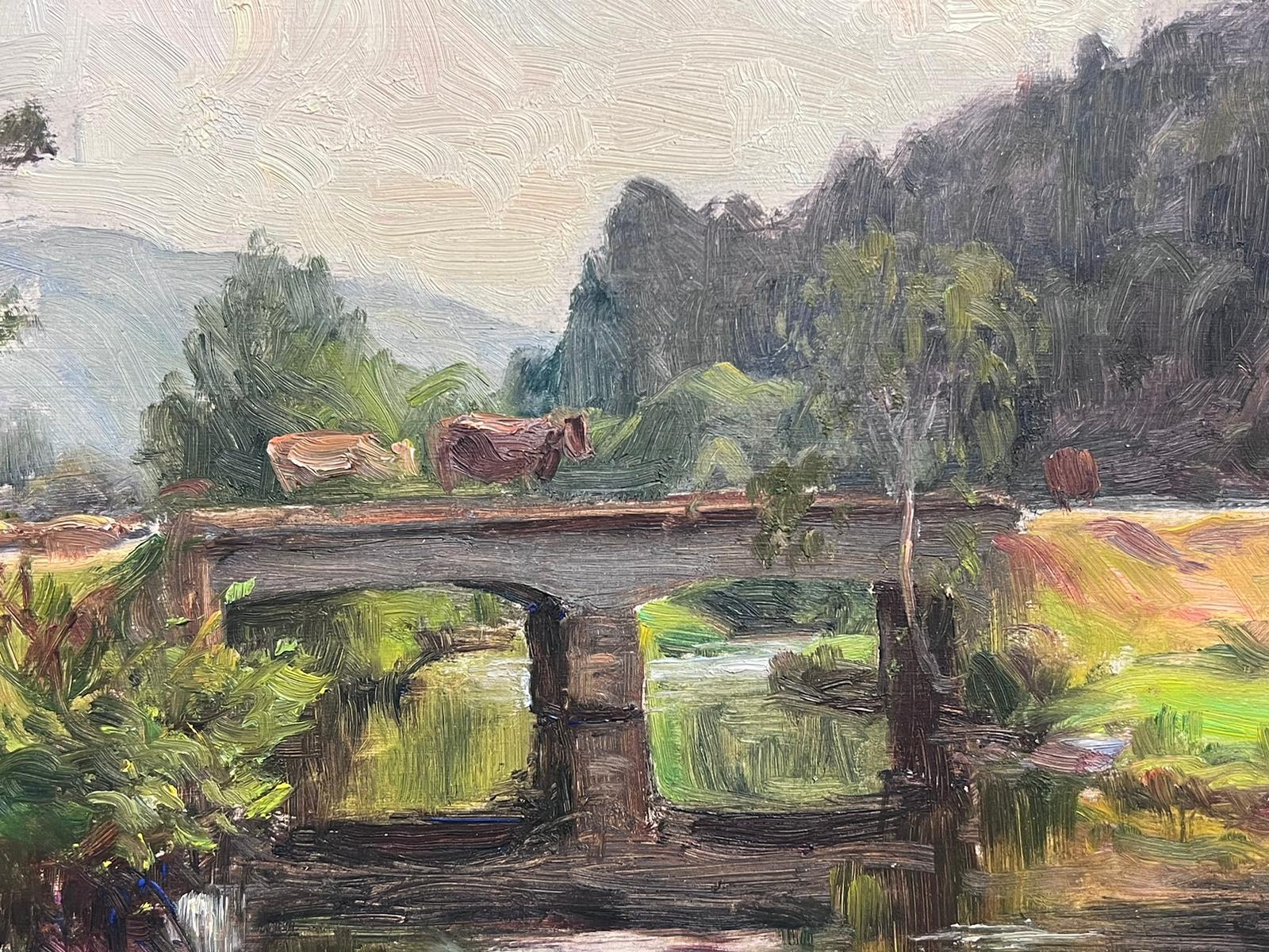 Olio firmato da un impressionista francese del 1930 che attraversa il ponte del bestiame in una scena di fiume addormentato 2