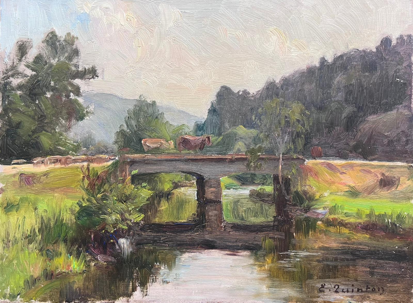 Animal Painting di Edmond Quinton - Olio firmato da un impressionista francese del 1930 che attraversa il ponte del bestiame in una scena di fiume addormentato