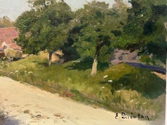 1930's French Impressionist Signed Oil Painting Country Lane Path To Cottage