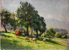 1930's French Impressionist Signed Oil Painting Cows and Sheep Munching On Grass