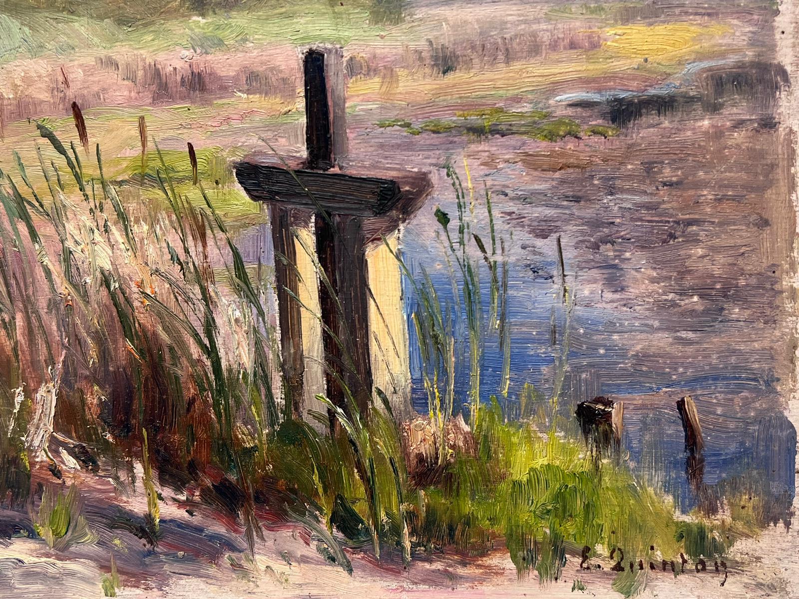 1930's French Impressionist Signed Oil Painting Cross Mile Stone By Lake For Sale 1