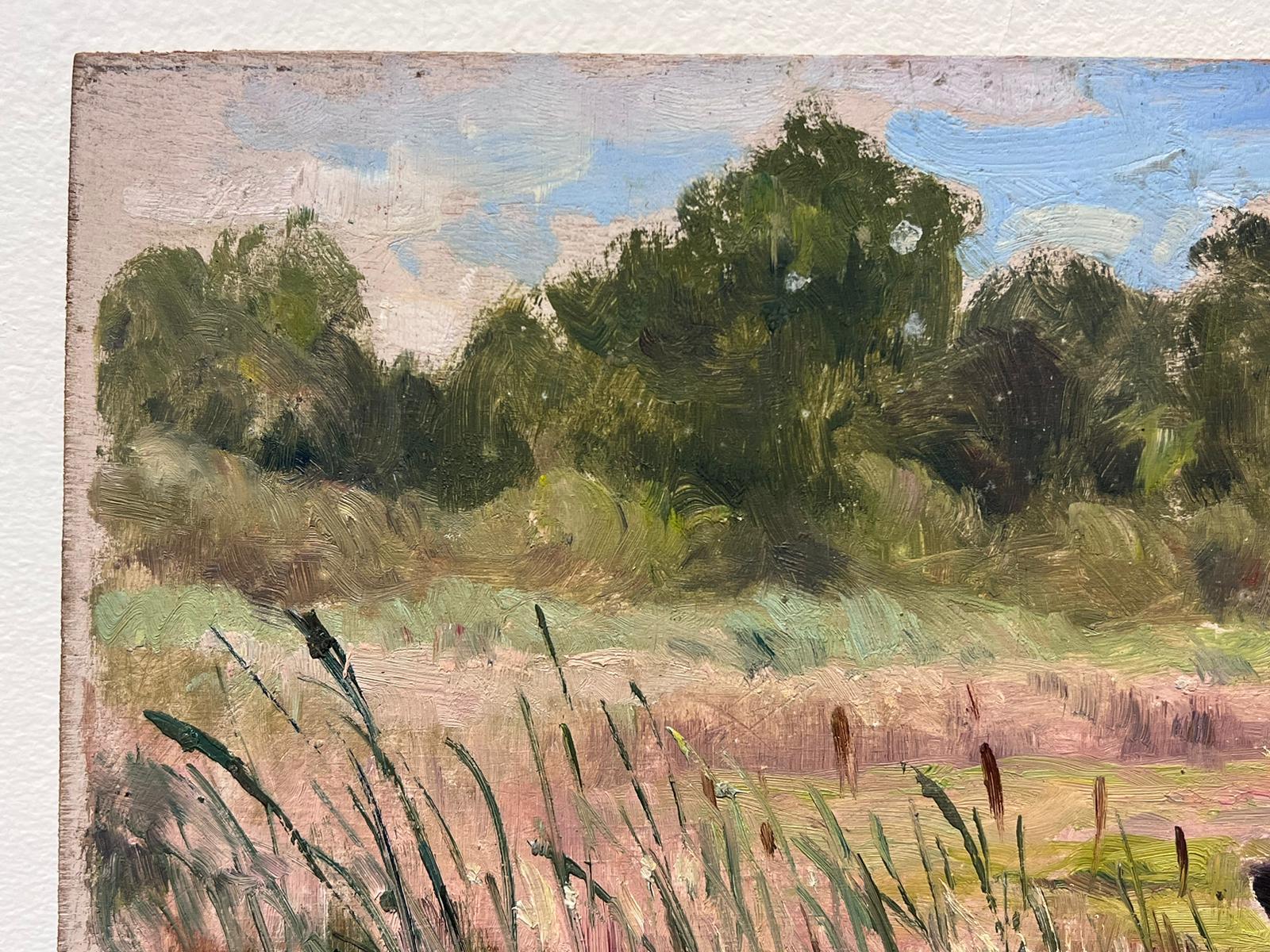 1930's French Impressionist Signed Oil Painting Cross Mile Stone By Lake For Sale 1