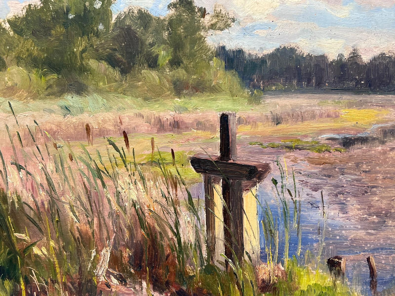 1930's French Impressionist Signed Oil Painting Cross Mile Stone By Lake For Sale 2
