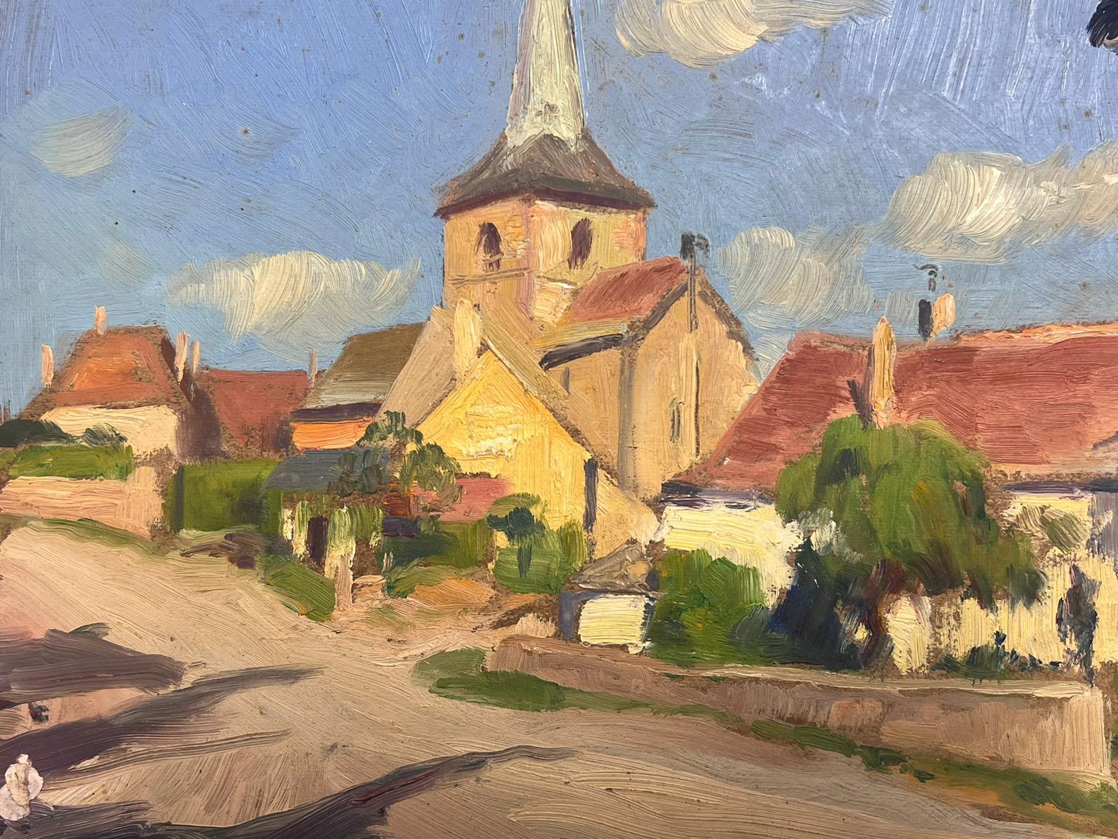 1930's Pintura al Óleo Impresionista Francesa Firmada Paisaje de Iglesia de Pueblo Francés - Painting de Edmond Quinton