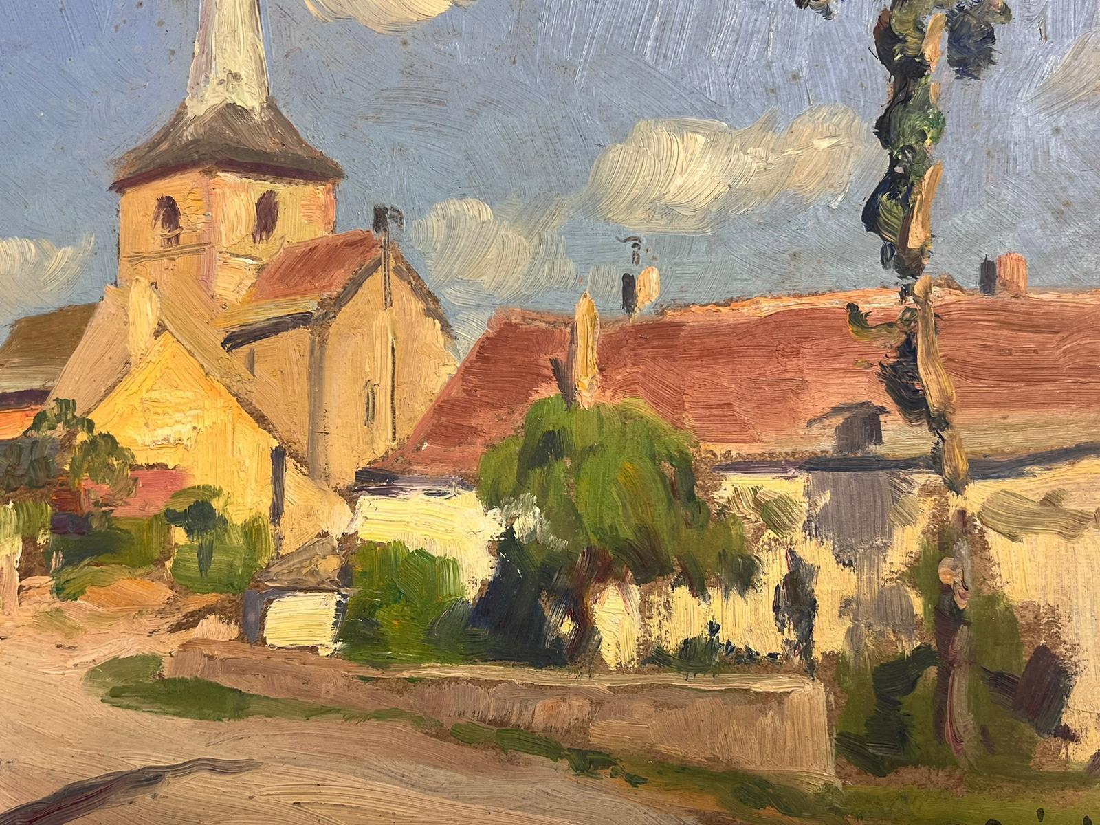 1930's Pintura al Óleo Impresionista Francesa Firmada Paisaje de Iglesia de Pueblo Francés 2