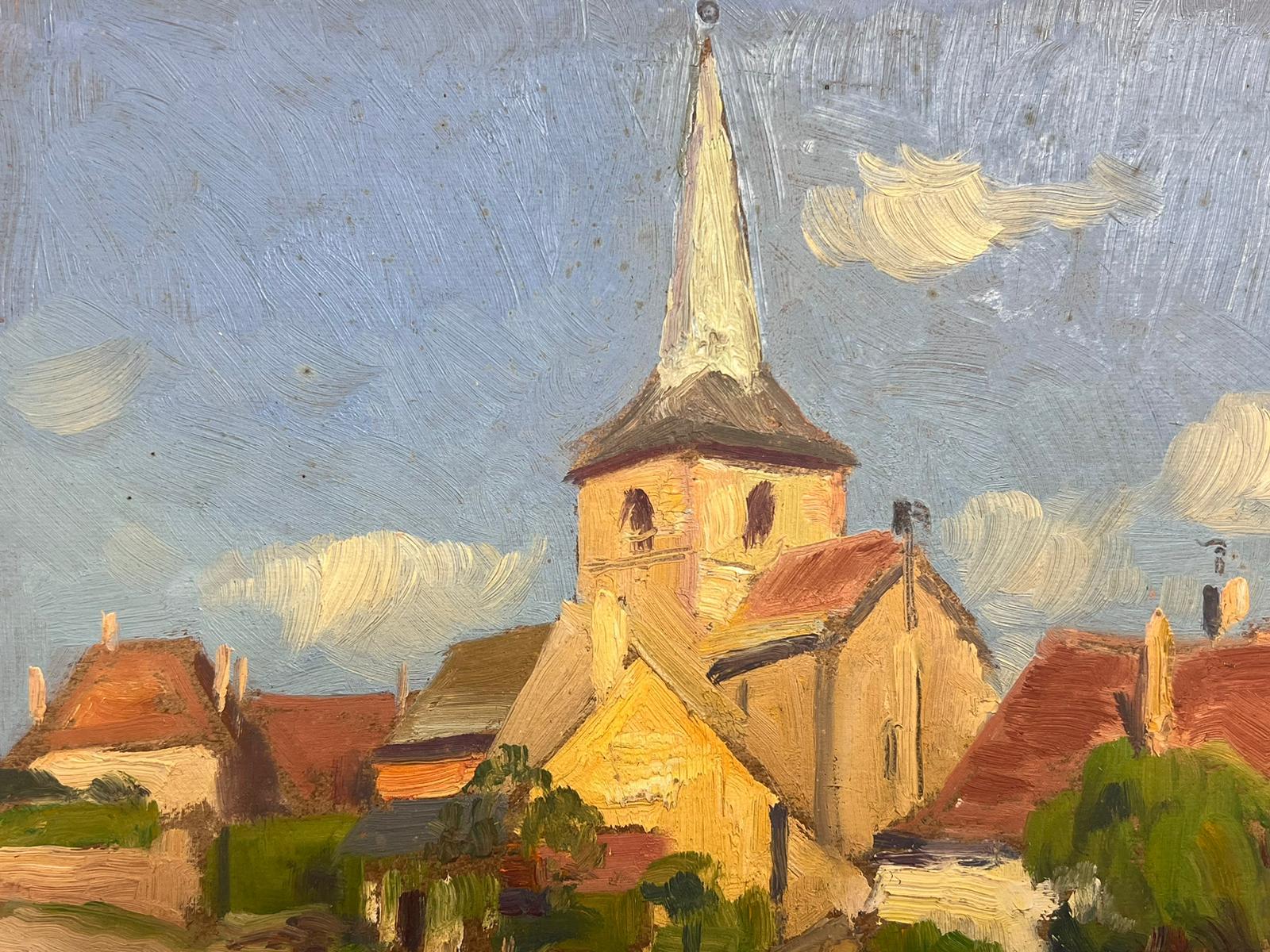 1930's Pintura al Óleo Impresionista Francesa Firmada Paisaje de Iglesia de Pueblo Francés 3