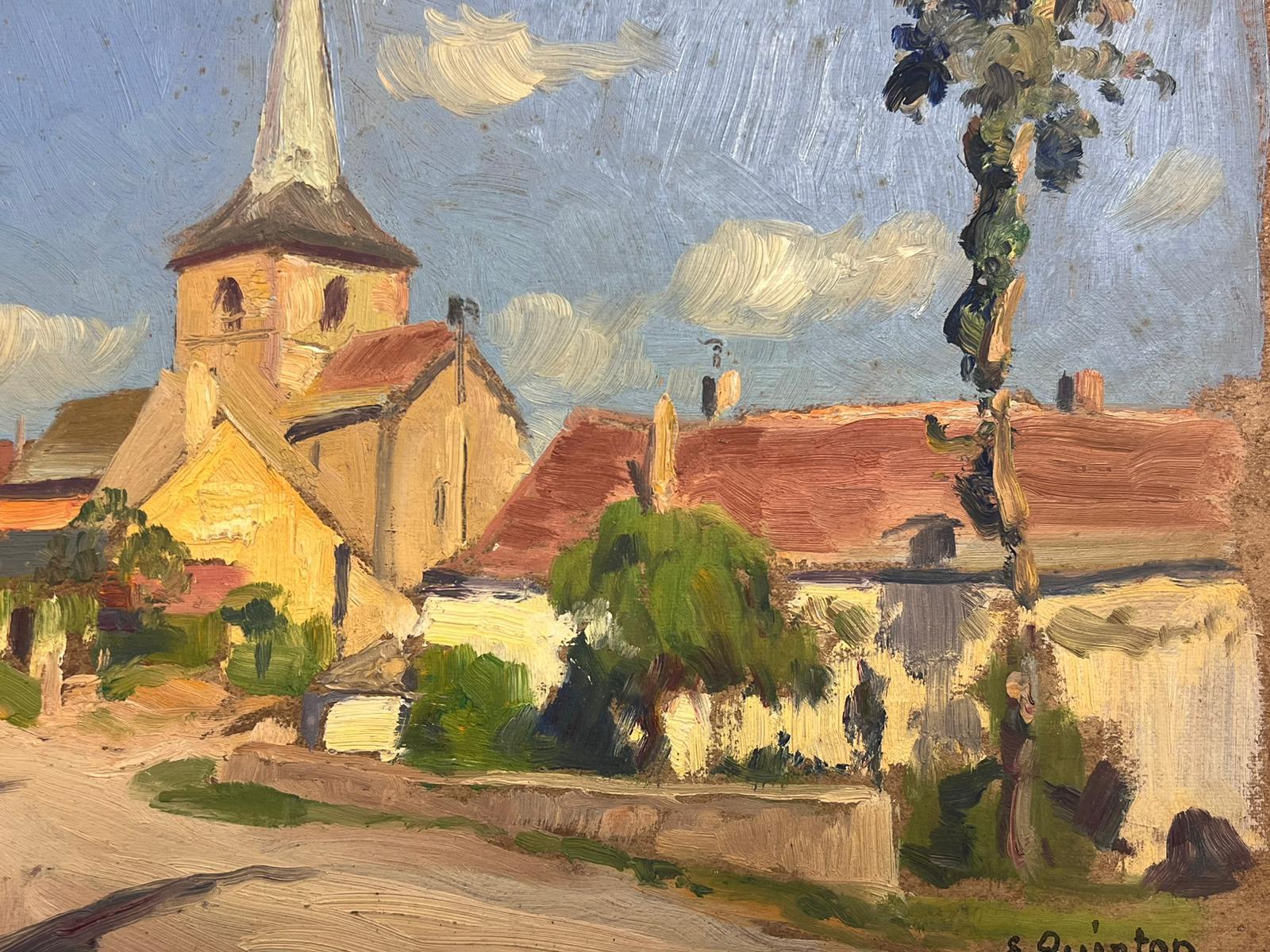 1930's Pintura al Óleo Impresionista Francesa Firmada Paisaje de Iglesia de Pueblo Francés 4
