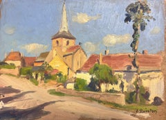 1930's French Impressionist Signed Oil Painting French Village Church Landscape