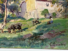 1930's French Impressionist Signed Oil Painting Goats Munching On Green Grass
