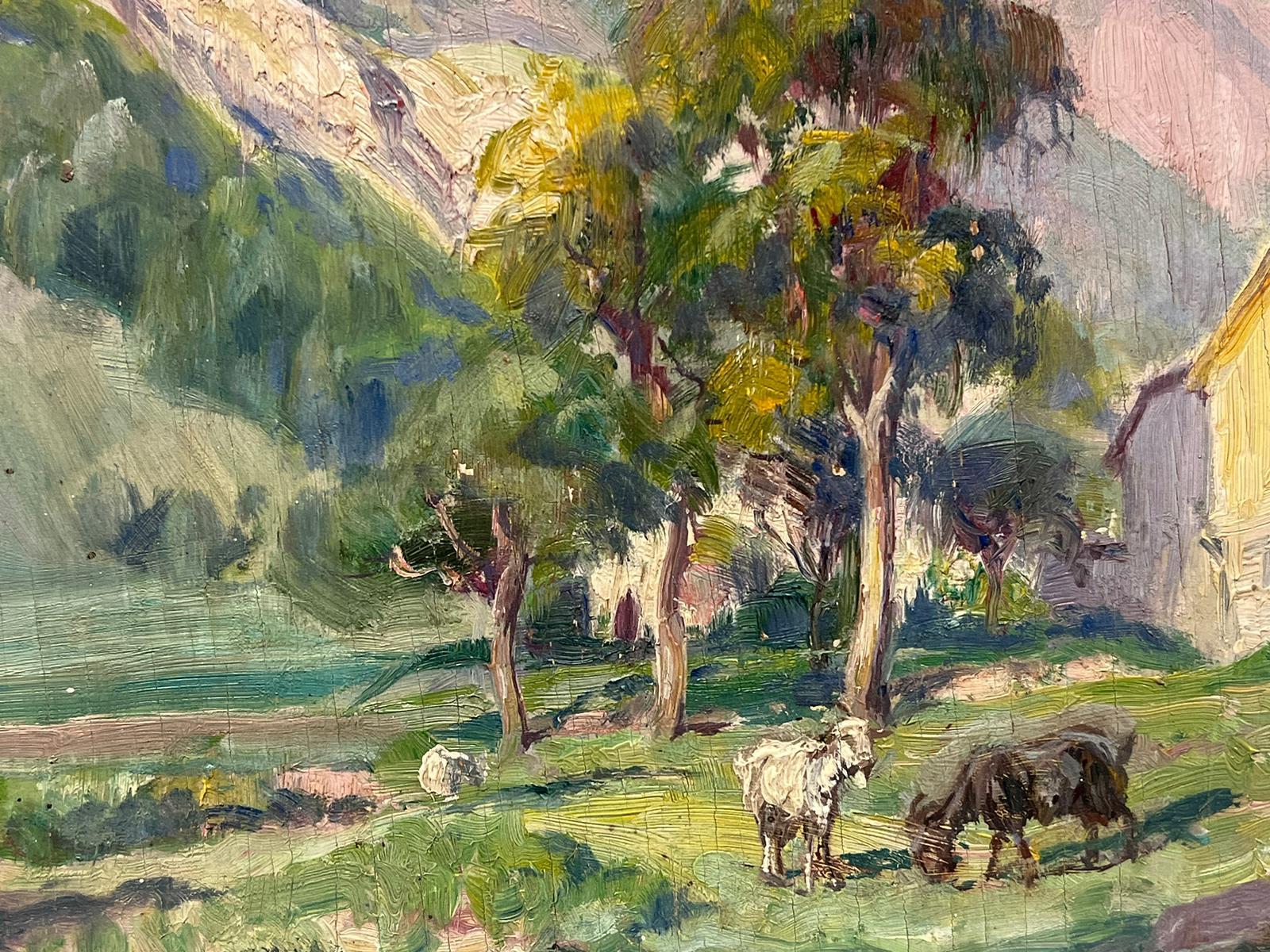 1930's French Impressionist Signed Oil Painting Goats Munching On Green Grass For Sale 2