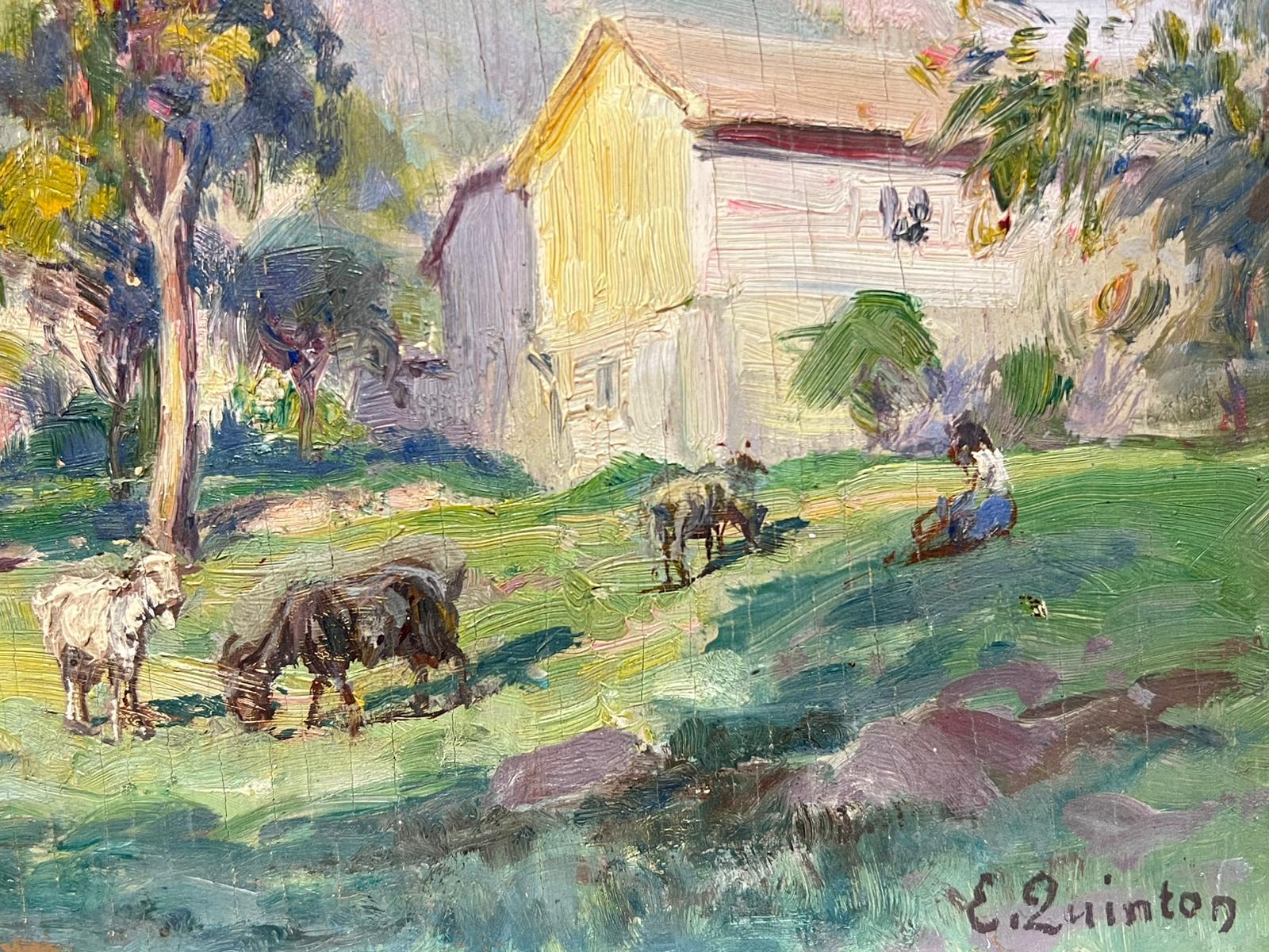 1930's French Impressionist Signed Oil Painting Goats Munching On Green Grass For Sale 3
