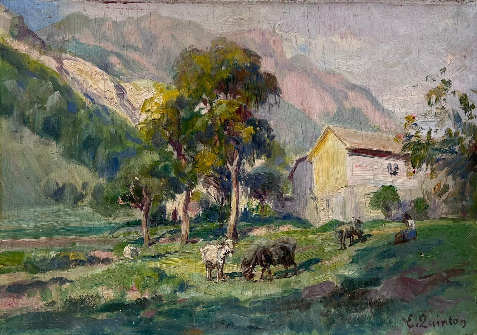 Edmond Quinton Animal Painting - 1930's French Impressionist Signed Oil Painting Goats Munching On Green Grass