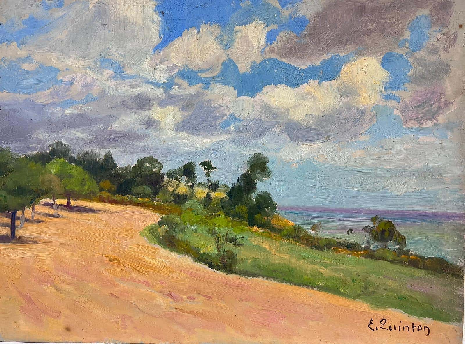 Peinture à l'huile impressionniste française des années 1930 signée Chemin de mer sablonneux doré