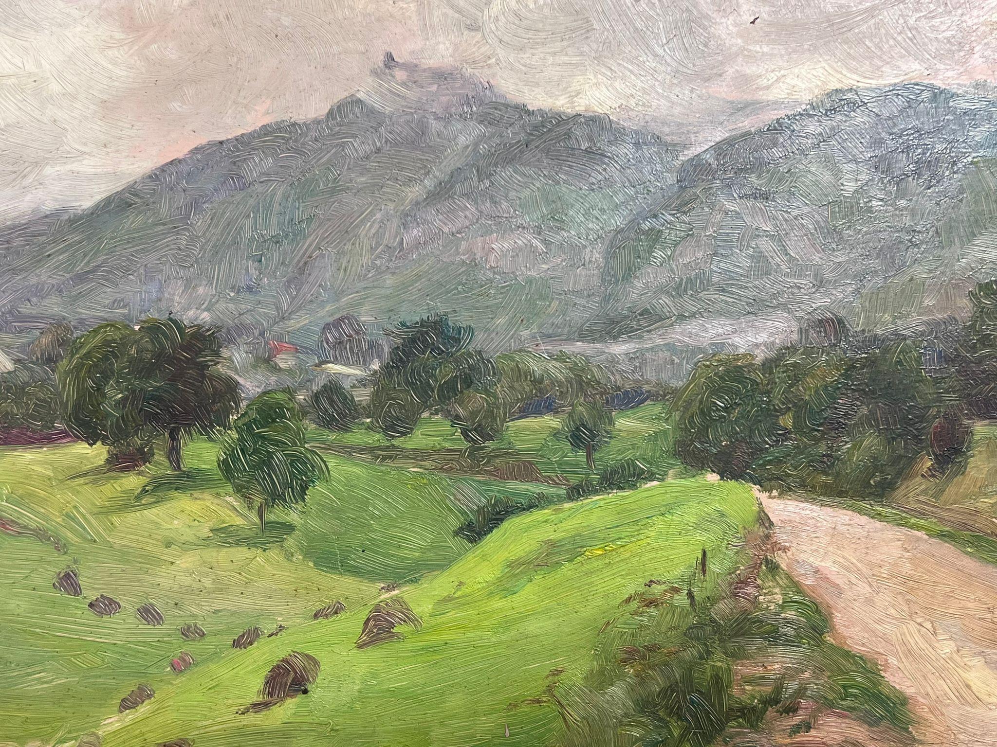 1930's French Impressionist Signed Oil Painting Green Country Hill Path Down 1