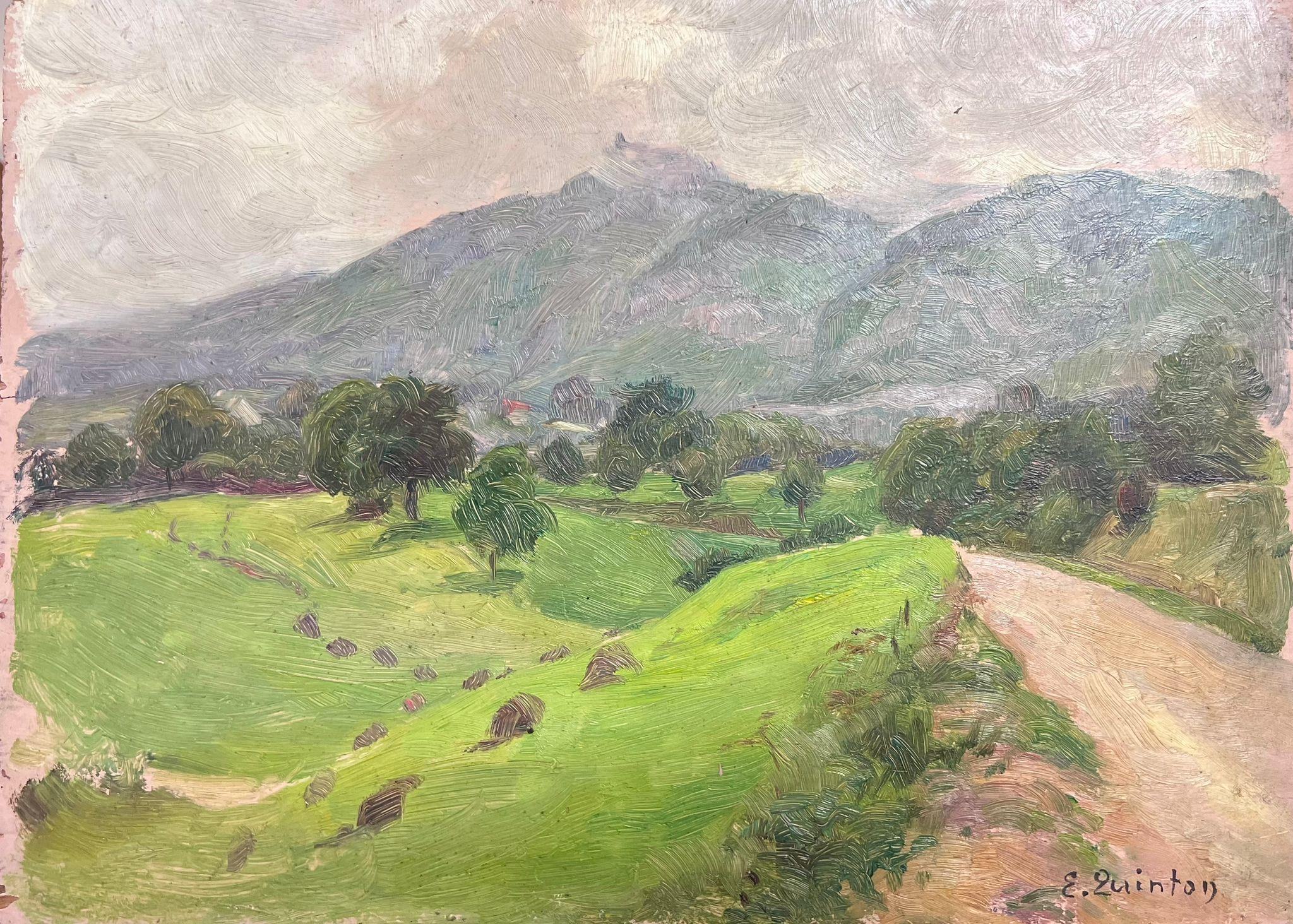 1930's French Impressionist Signed Oil Painting Green Country Hill Path Down 2