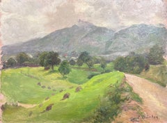 1930's French Impressionist Signed Oil Painting Green Country Hill Path Down