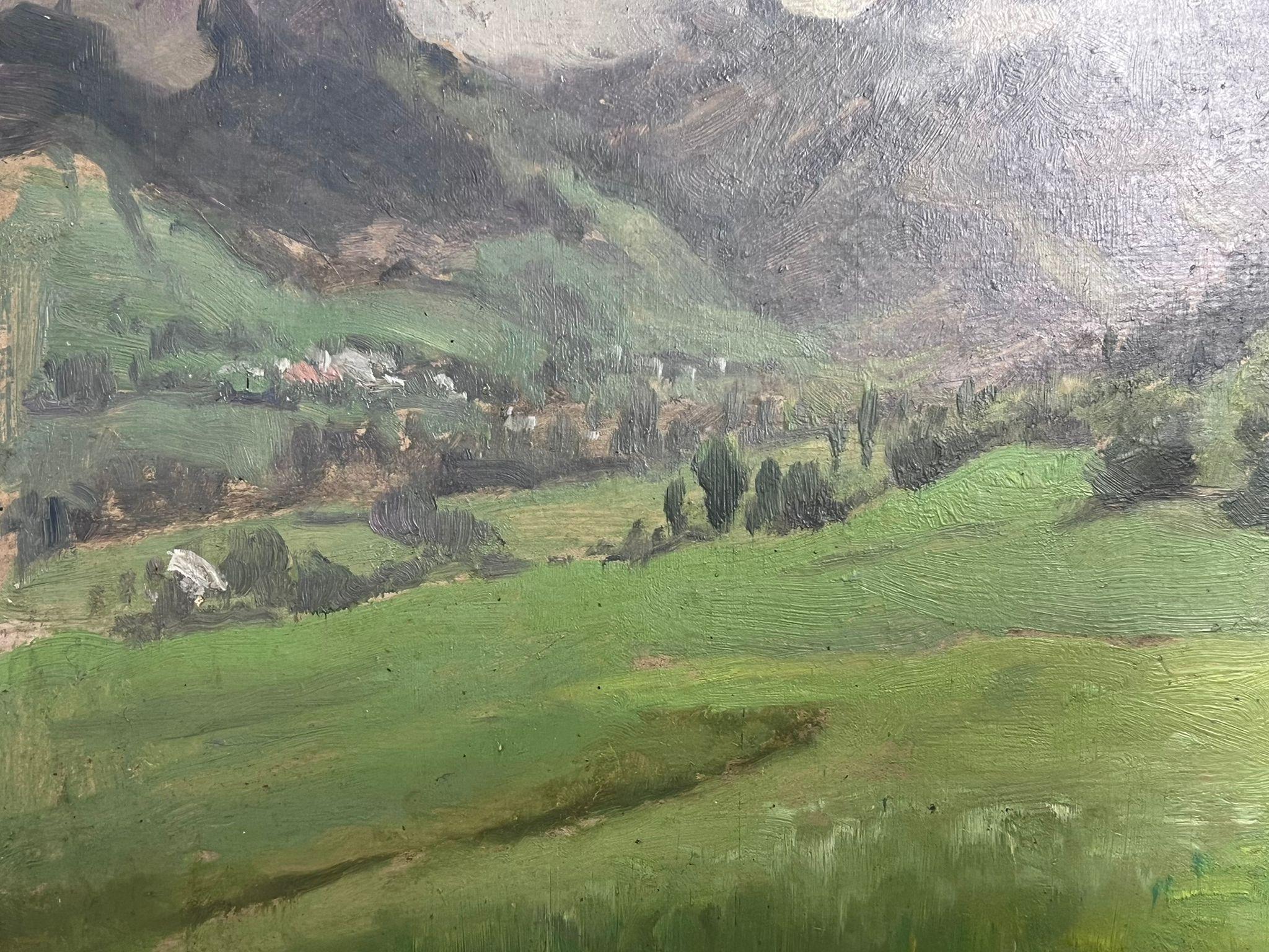 1930's French Impressionist Signed Oil Painting Mountains Behind Foggy Sky For Sale 1