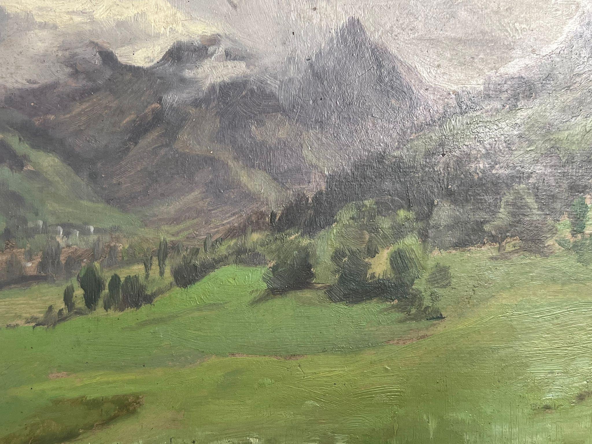 1930's French Impressionist Signed Oil Painting Mountains Behind Foggy Sky For Sale 2