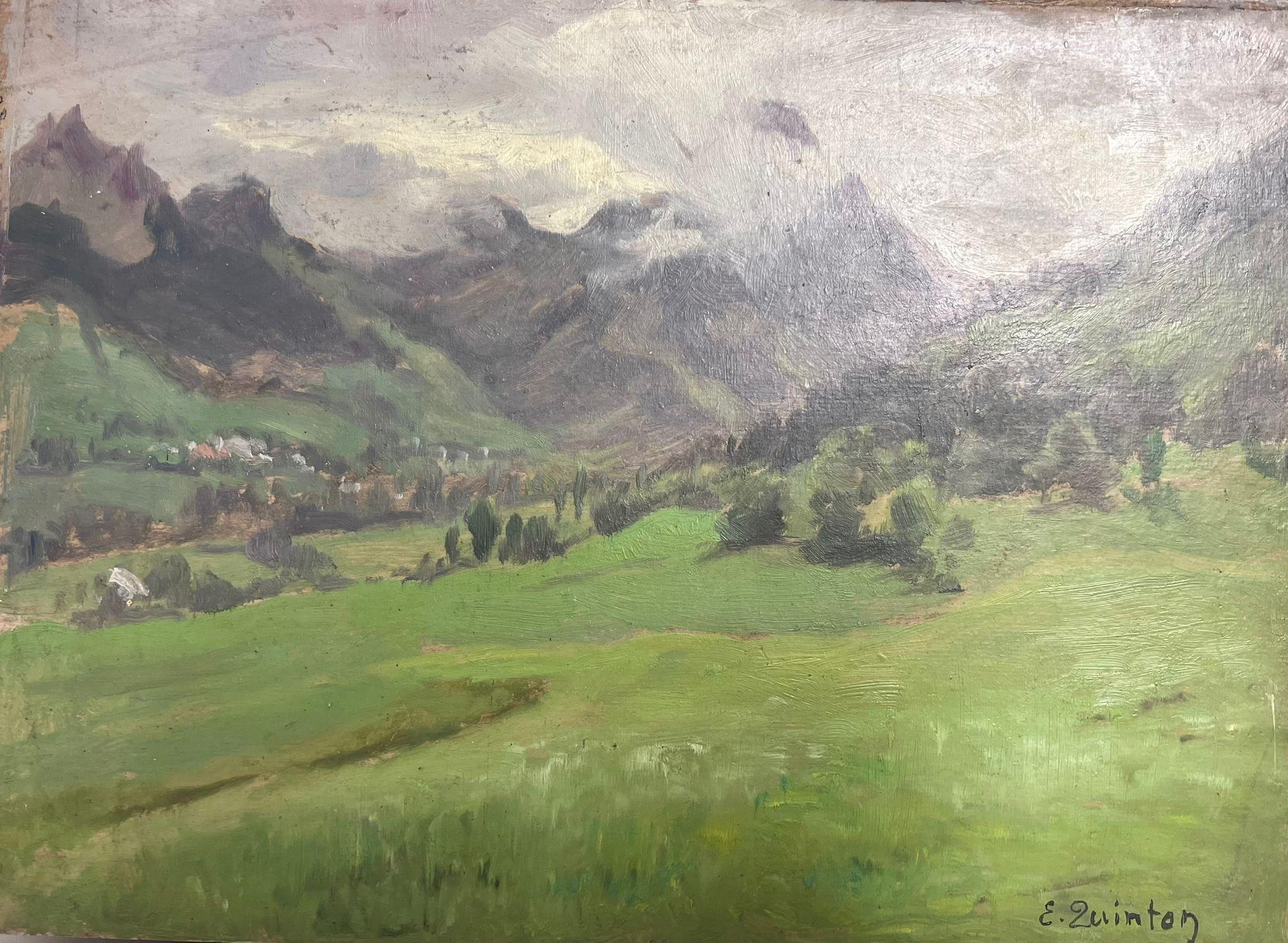 Edmond Quinton Landscape Painting - 1930's French Impressionist Signed Oil Painting Mountains Behind Foggy Sky