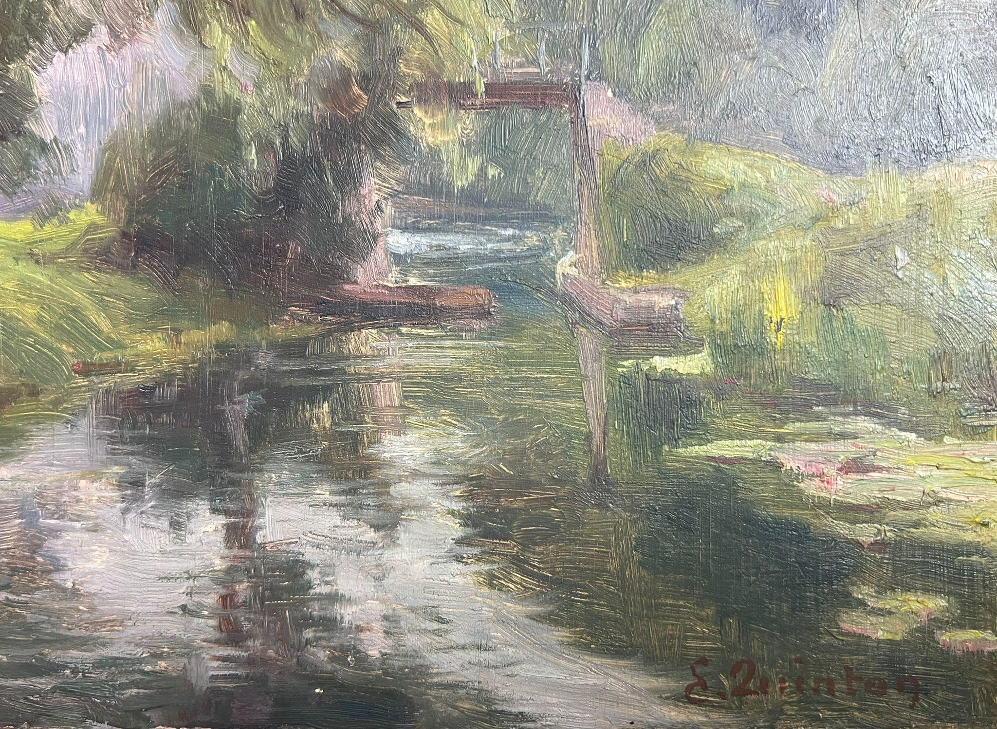 1930's French Impressionist Signed Tranquil Woodland Stream Landscape Painting 1