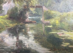 1930's French Impressionist Signed Tranquil Woodland Stream Landscape Painting
