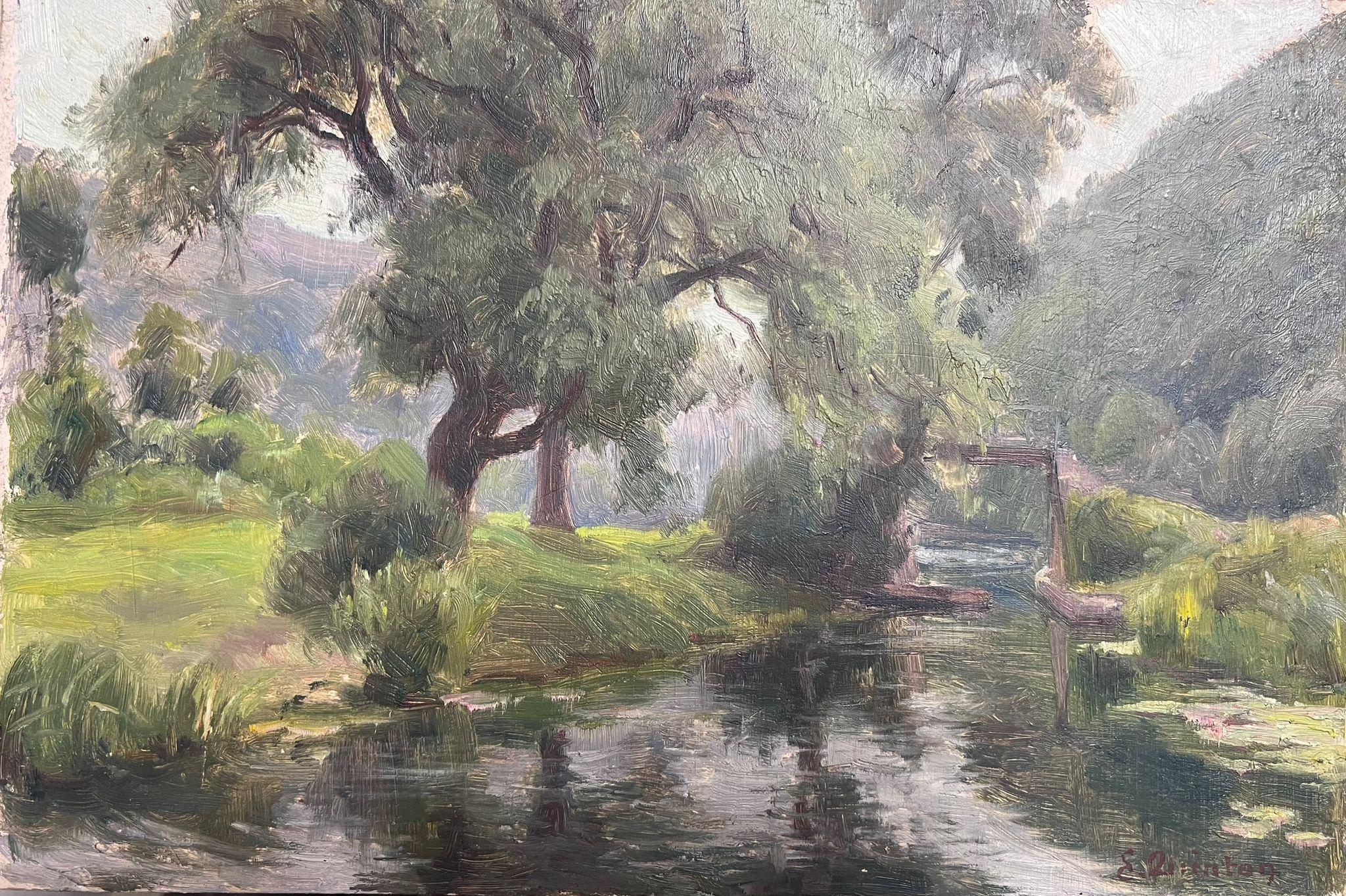 1930's French Impressionist Signed Tranquil Woodland Stream Landscape Painting 5