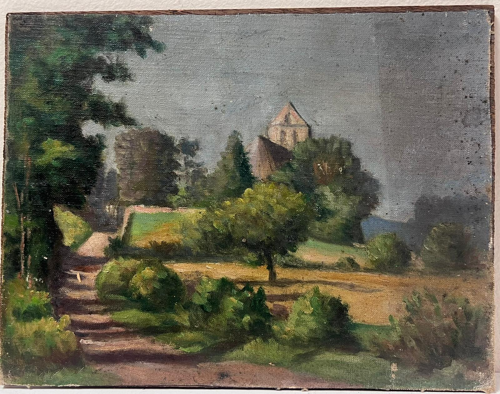 French Countryside Landscape
by Edmond Quinton (French 1892-1969) *see notes below
oil painting on canvas stuck on board/ panel, unframed
size: 7.5 x 9.5 inches
condition: overall good and sound, some age related marks and old dirt, all four corners