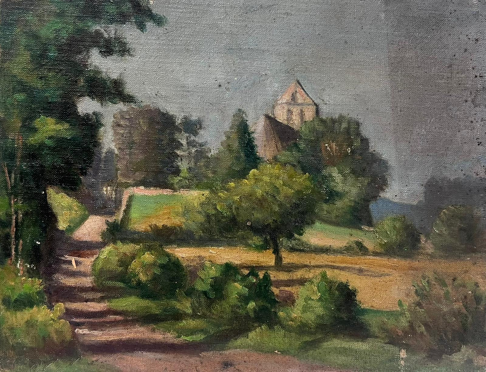 1930's French Painting Stair Way Path Leading Up To Church Grey Skies For Sale 1
