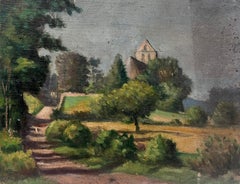 1930's French Painting Stair Way Path Leading Up To Church Grey Skies