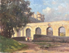 Ancient Aqueduct & French City 1930's French Impressionist Signed Oil Painting