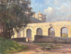 Ancienne aqueduc et ville française des années 1930, peinture à l'huile impressionniste française signée 